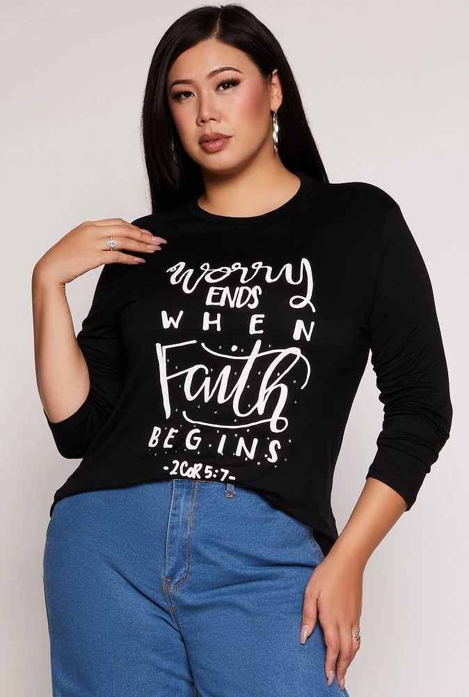 Womens Plus Size Worry Ends When Faith Begins Tee, Black, Size 3X