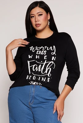 Womens Plus Size Worry Ends When Faith Begins Tee, Black, Size 3X