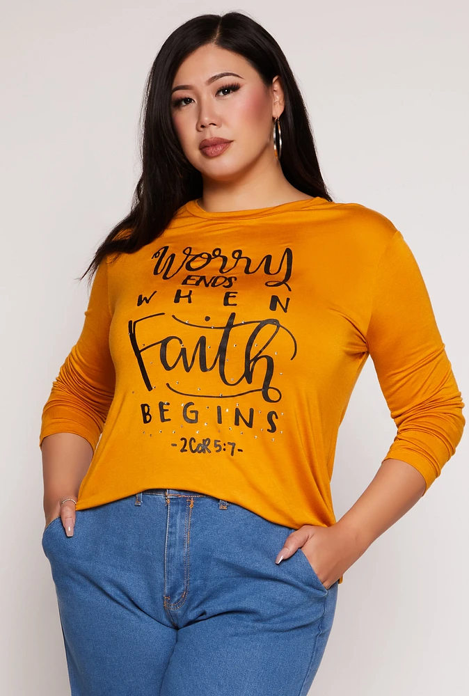 Womens Plus Worry Ends When Faith Begins Tee, Orange,