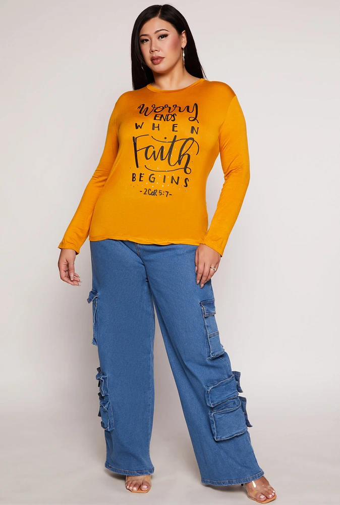 Womens Plus Size Worry Ends When Faith Begins Tee, Orange, Size 1X