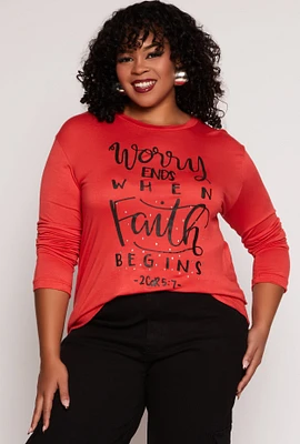 Womens Plus Size Worry Ends When Faith Begins Tee, Orange, Size 1X