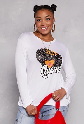 Womens Plus Queen Graphic Long Sleeve Top with Necklace, White,