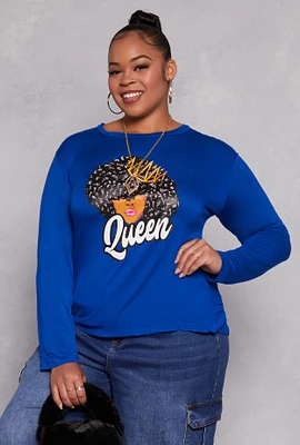 Womens Plus Queen Graphic Long Sleeve Top with Necklace,