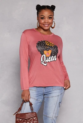 Womens Plus Size Queen Graphic Long Sleeve Top with Necklace, Pink, Size 1X