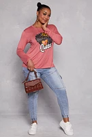 Womens Plus Size Queen Graphic Long Sleeve Top with Necklace, Pink, Size 1X