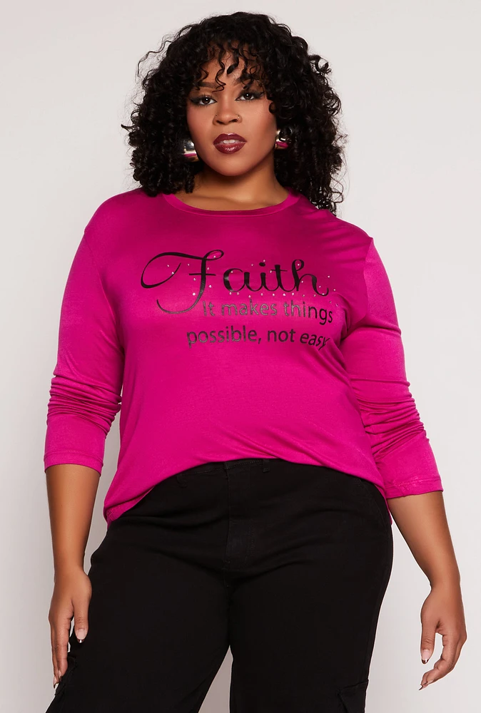 Womens Plus Faith Rhinestone Graphic Tee, Pink,