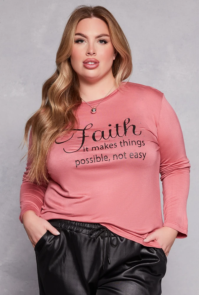 Womens Plus Faith Rhinestone Graphic Tee, Pink,