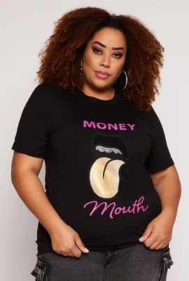 Womens Plus Size Rhinestone Money Mouth Graphic Tee, Black, Size 3X