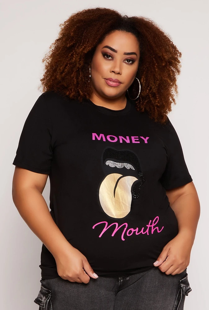 Womens Plus Size Rhinestone Money Mouth Graphic Tee, Black, Size 1X