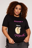 Womens Plus Size Rhinestone Money Mouth Graphic Tee, Black, Size 1X