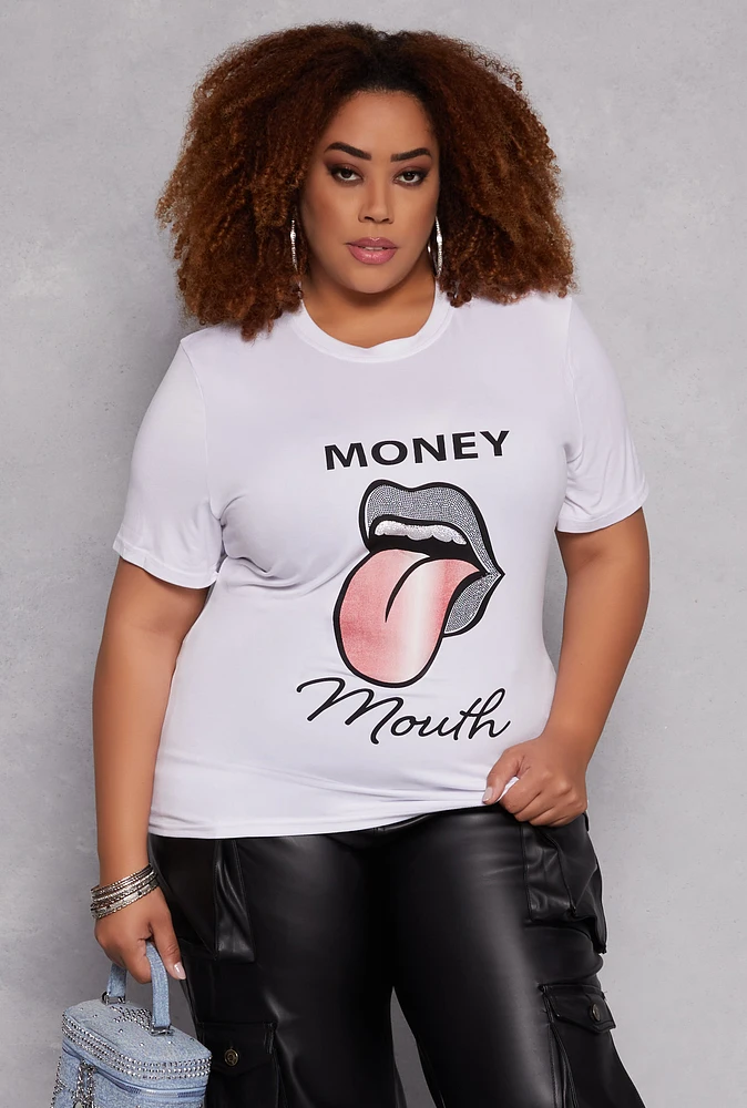 Womens Plus Size Rhinestone Money Mouth Graphic Tee, White, Size 1X