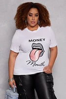 Womens Plus Size Rhinestone Money Mouth Graphic Tee, White, Size 1X