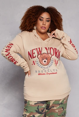 Womens Plus New York Brooklyn Pullover Hoodie, Beige,