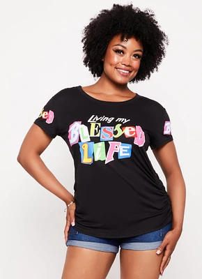 Womens Plus Size Living My Best Life Ruched Graphic Tee, Black, Size 1X