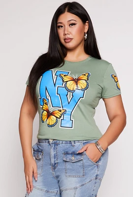 Womens Plus Size NY Butterfly Tee, Green, Size 1X