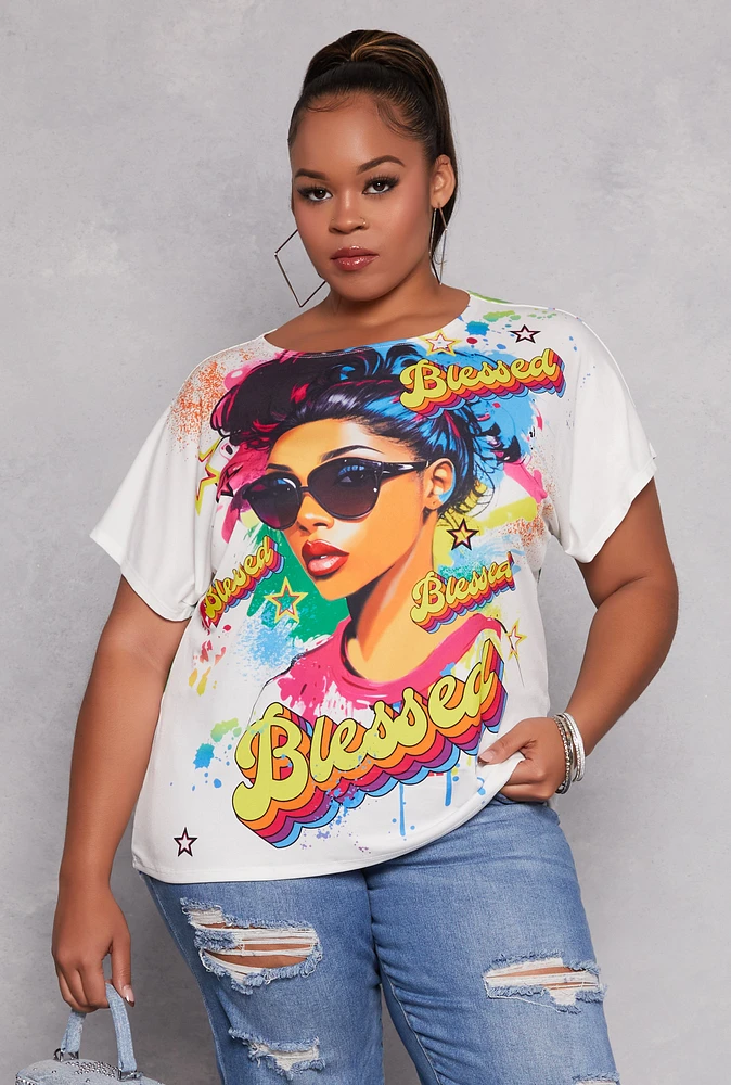 Womens Plus Size Blessed Graphic Print Top, Multi, Size 3X