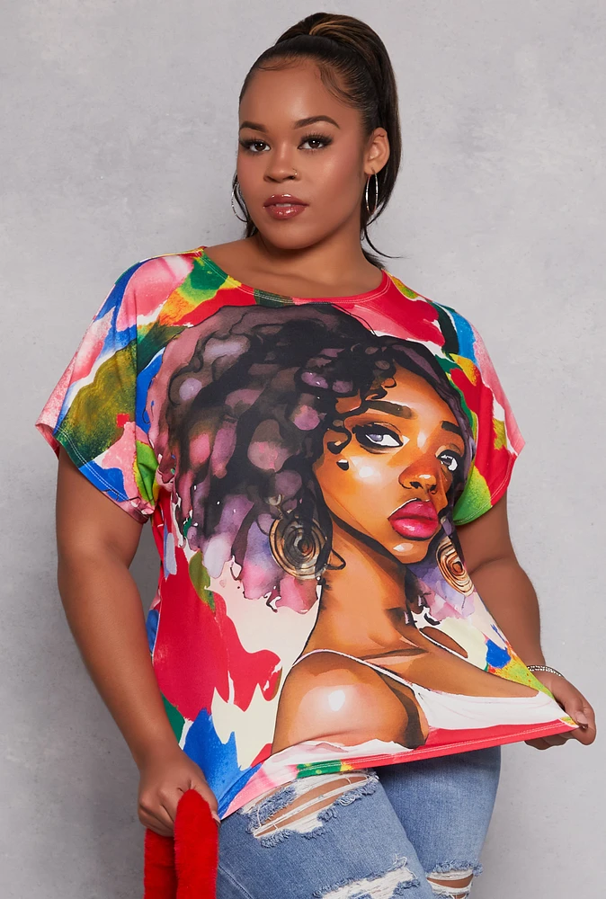 Womens Plus Size Afro Girl Graphic Print Top, Multi, Size 2X