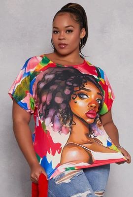 Womens Plus Size Afro Girl Graphic Print Top, Multi, Size 1X