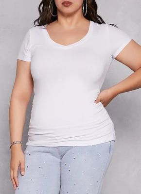 Womens Plus Size Basic V Neck Ruched Side Tee, White, Size 2X