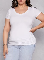 Womens Plus Size Basic V Neck Ruched Side Tee, White, Size 2X