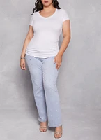 Womens Plus Size Basic V Neck Ruched Side Tee, White, Size 2X