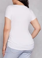 Womens Plus Size Basic V Neck Ruched Side Tee, White, Size 2X