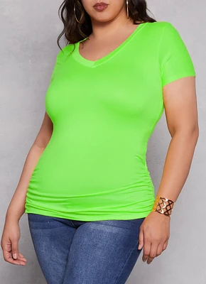 Womens Plus Basic V Neck Ruched Side Tee,