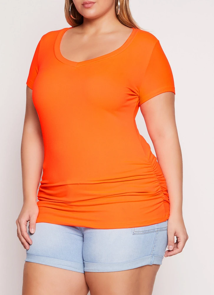 Womens Plus Size Basic V Neck Ruched Side Tee, Orange, Size 1X