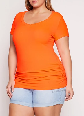 Womens Plus Size Basic V Neck Ruched Side Tee, Orange, Size 1X
