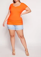 Womens Plus Size Basic V Neck Ruched Side Tee, Orange, Size 1X