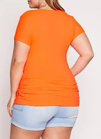 Womens Plus Size Basic V Neck Ruched Side Tee, Orange, Size 1X