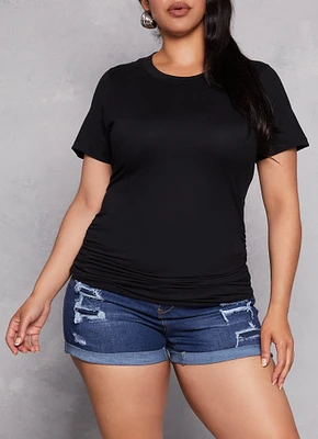 Womens Plus Size Basic Ruched Side Crew Neck Tee, Black, Size 2X