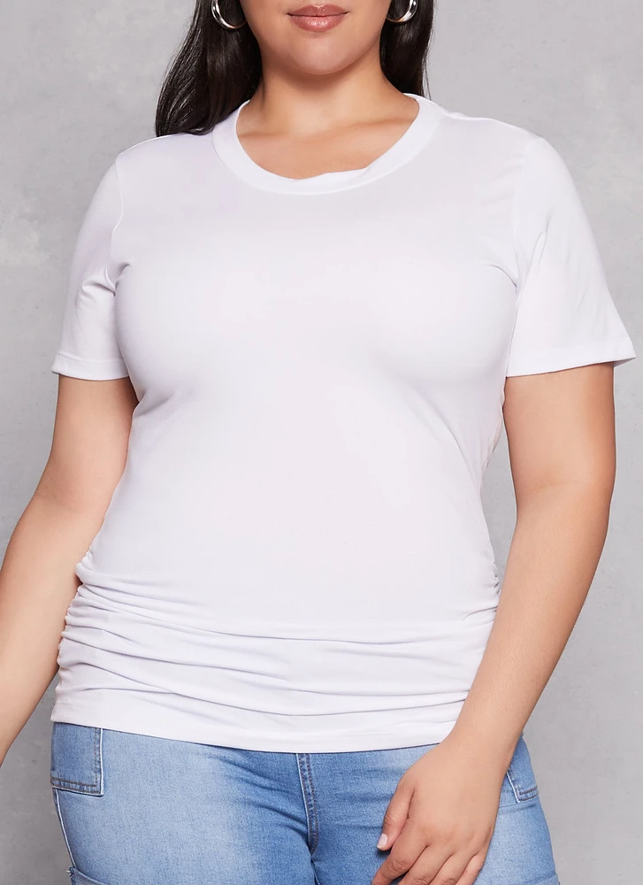 Womens Plus Size Basic Ruched Side Crew Neck Tee, White, Size 3X