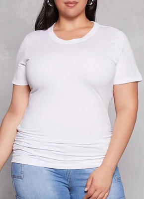 Womens Plus Size Basic Ruched Side Crew Neck Tee, White, Size 3X