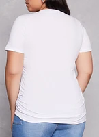 Womens Plus Size Basic Ruched Side Crew Neck Tee, White, Size 3X