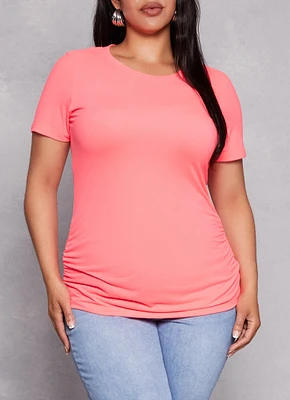 Womens Plus Size Basic Ruched Side Crew Neck Tee, Pink, Size 1X