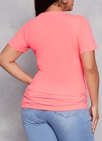 Womens Plus Size Basic Ruched Side Crew Neck Tee, Pink, Size 1X