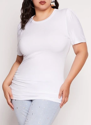 Womens Plus Size Basic Crew Neck Ruched Side Tee, White, Size 2X