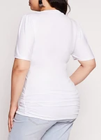 Womens Plus Size Basic Crew Neck Ruched Side Tee, White, Size 2X