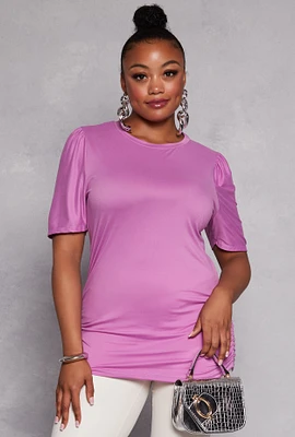 Womens Plus Size Basic Crew Neck Ruched Side Tee, Purple, Size 1X