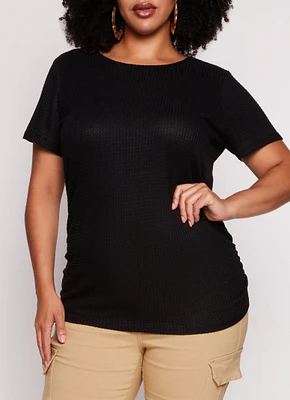 Womens Plus Waffle Knit Crew Neck Ruched Tee,