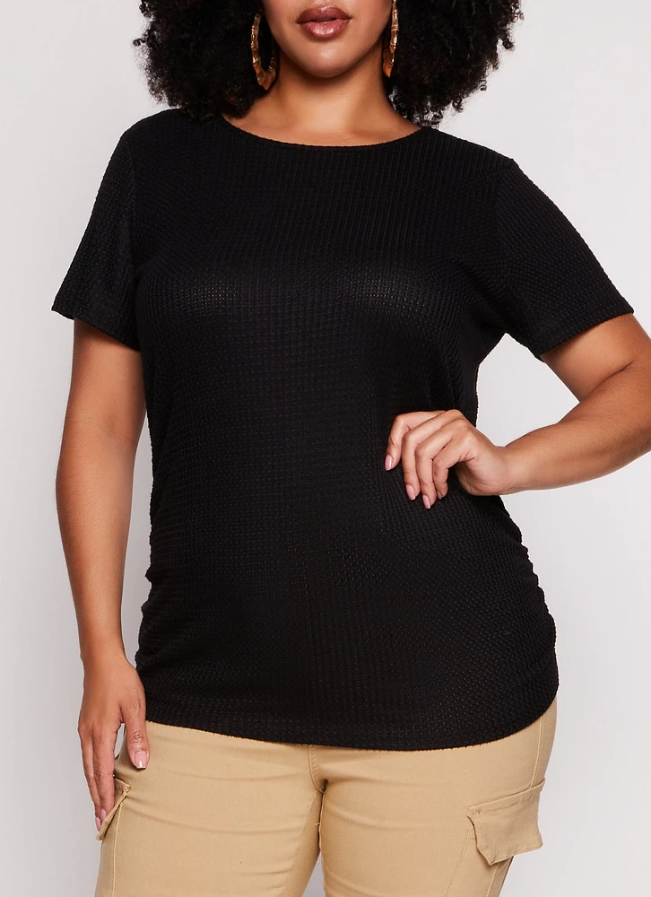 Womens Plus Size Waffle Knit Crew Neck Ruched Tee, Black, Size 2X