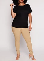 Womens Plus Size Waffle Knit Crew Neck Ruched Tee, Black, Size 2X
