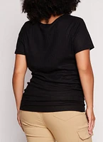 Womens Plus Size Waffle Knit Crew Neck Ruched Tee, Black, Size 2X