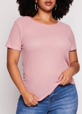 Womens Plus Size Waffle Knit Crew Neck Ruched Tee, Pink, Size 1X