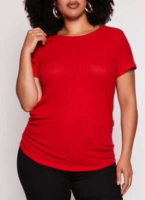 Womens Plus Size Waffle Knit Crew Neck Ruched Tee, Red, Size 1X