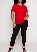 Womens Plus Size Waffle Knit Crew Neck Ruched Tee, Red, Size 1X