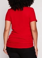 Womens Plus Size Waffle Knit Crew Neck Ruched Tee, Red, Size 1X