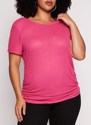 Womens Plus Waffle Knit Crew Neck Ruched Tee,