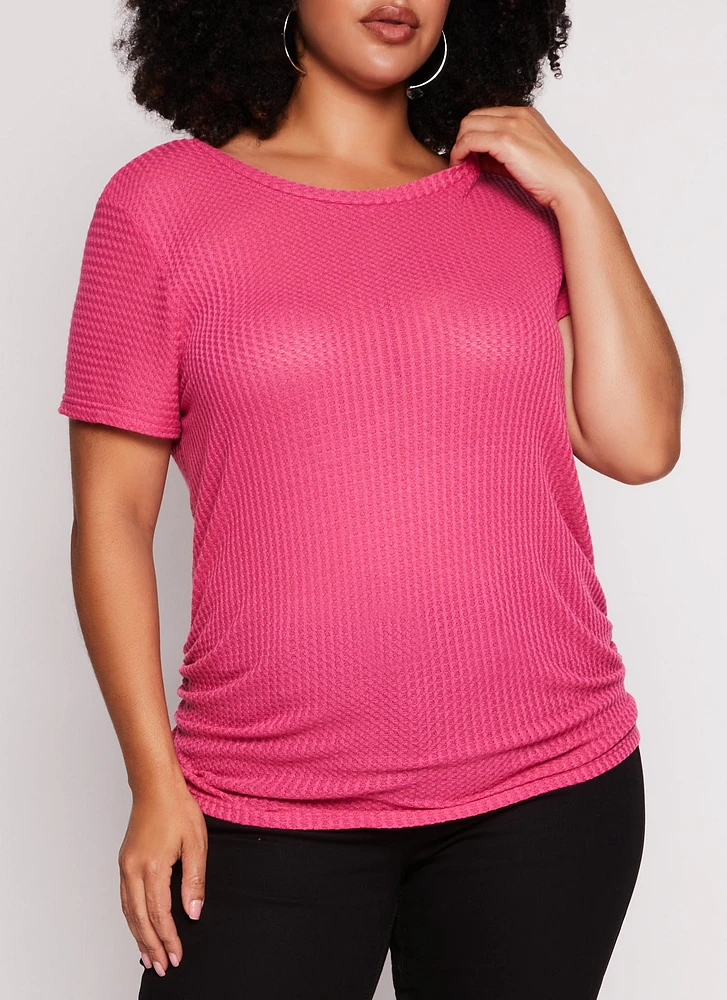 Womens Plus Size Waffle Knit Crew Neck Ruched Tee, Pink, Size 2X